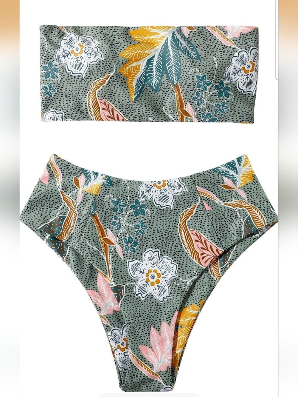 High-Waist Floral Bandeau Bikini Set - Sage Green